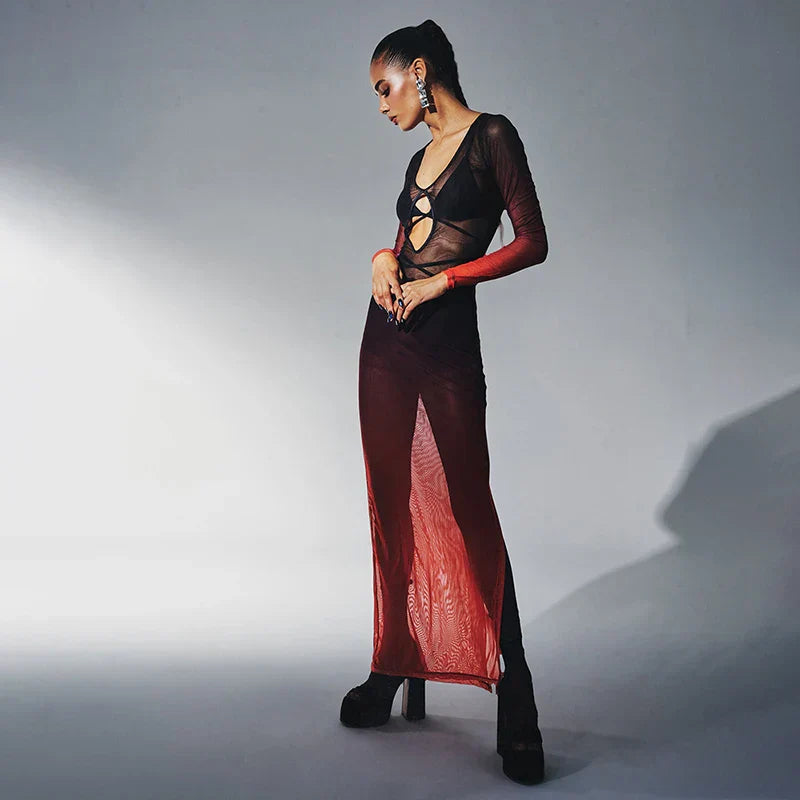New Gradient Mesh Deep Collar Hollow Long Sleeve Transparent  Split Charming Maxi Dresses Mssaz Desses