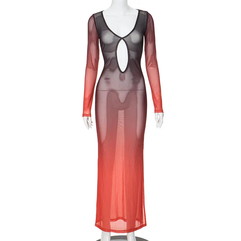 New Gradient Mesh Deep Collar Hollow Long Sleeve Transparent  Split Charming Maxi Dresses Mssaz Desses