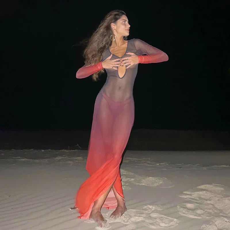 New Gradient Mesh Deep Collar Hollow Long Sleeve Transparent  Split Charming Maxi Dresses Mssaz Desses