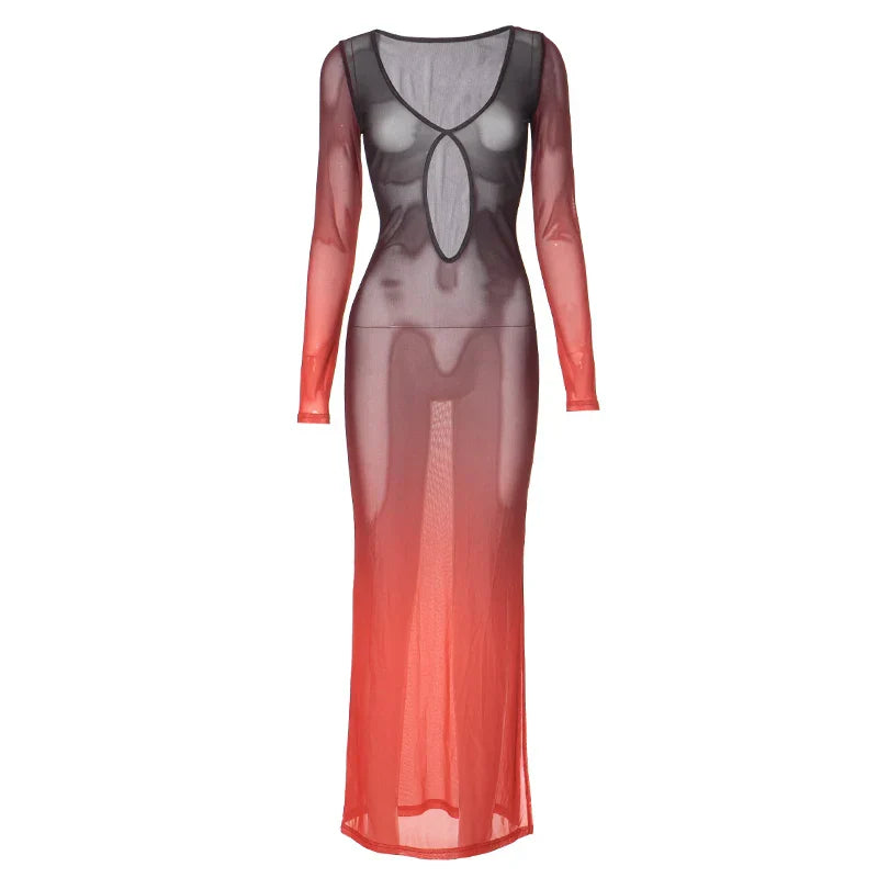 New Gradient Mesh Deep Collar Hollow Long Sleeve Transparent  Split Charming Maxi Dresses Mssaz Desses