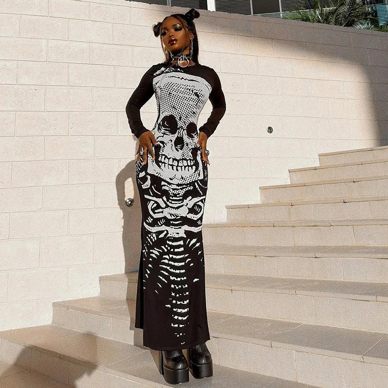 Gothic Skull Bones Skeleton Print O Neck Long Sleeve Split Casual Autumn Streetwear Maxi Dress Mssaz Desses