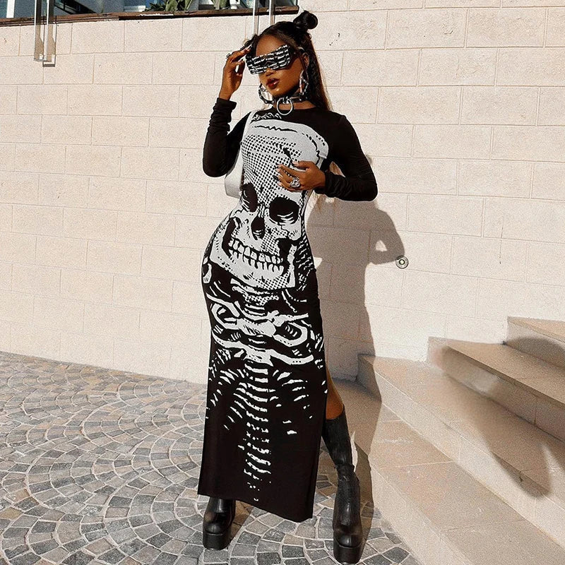 Gothic Skull Bones Skeleton Print O Neck Long Sleeve Split Casual Autumn Streetwear Maxi Dress Mssaz Desses
