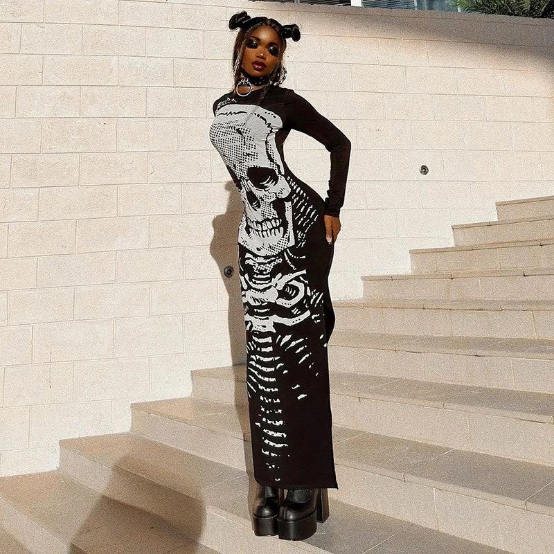 Gothic Skull Bones Skeleton Print O Neck Long Sleeve Split Casual Autumn Streetwear Maxi Dress Mssaz Desses
