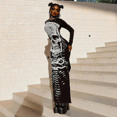 Gothic Skull Bones Skeleton Print O Neck Long Sleeve Split Casual Autumn Streetwear Maxi Dress Mssaz Desses