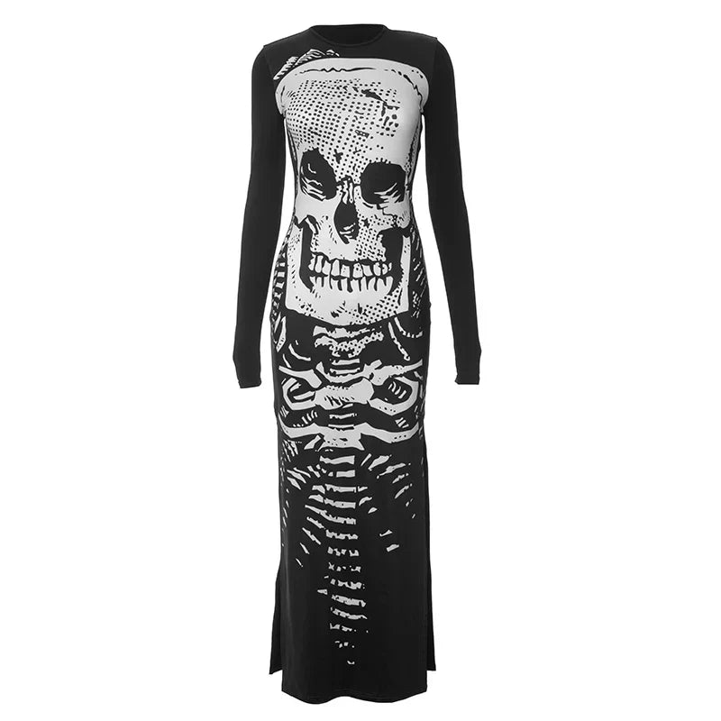 Gothic Skull Bones Skeleton Print O Neck Long Sleeve Split Casual Autumn Streetwear Maxi Dress Mssaz Desses
