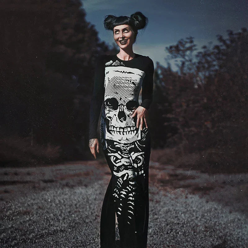 Gothic Skull Bones Skeleton Print O Neck Long Sleeve Split Casual Autumn Streetwear Maxi Dress Mssaz Desses