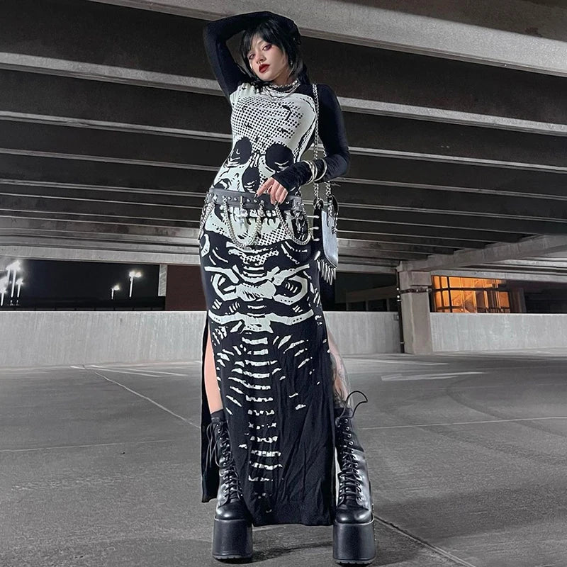 Gothic Skull Bones Skeleton Print O Neck Long Sleeve Split Casual Autumn Streetwear Maxi Dress Mssaz Desses