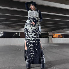 Gothic Skull Bones Skeleton Print O Neck Long Sleeve Split Casual Autumn Streetwear Maxi Dress Mssaz Desses