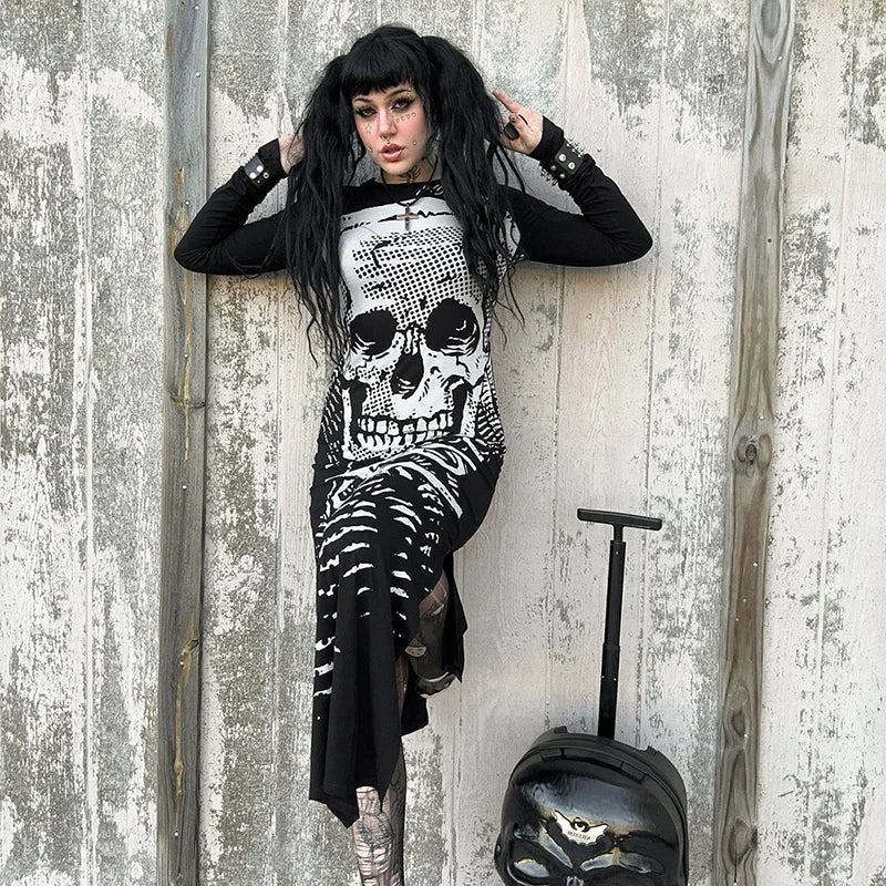 Gothic Skull Bones Skeleton Print O Neck Long Sleeve Split Casual Autumn Streetwear Maxi Dress Mssaz Desses