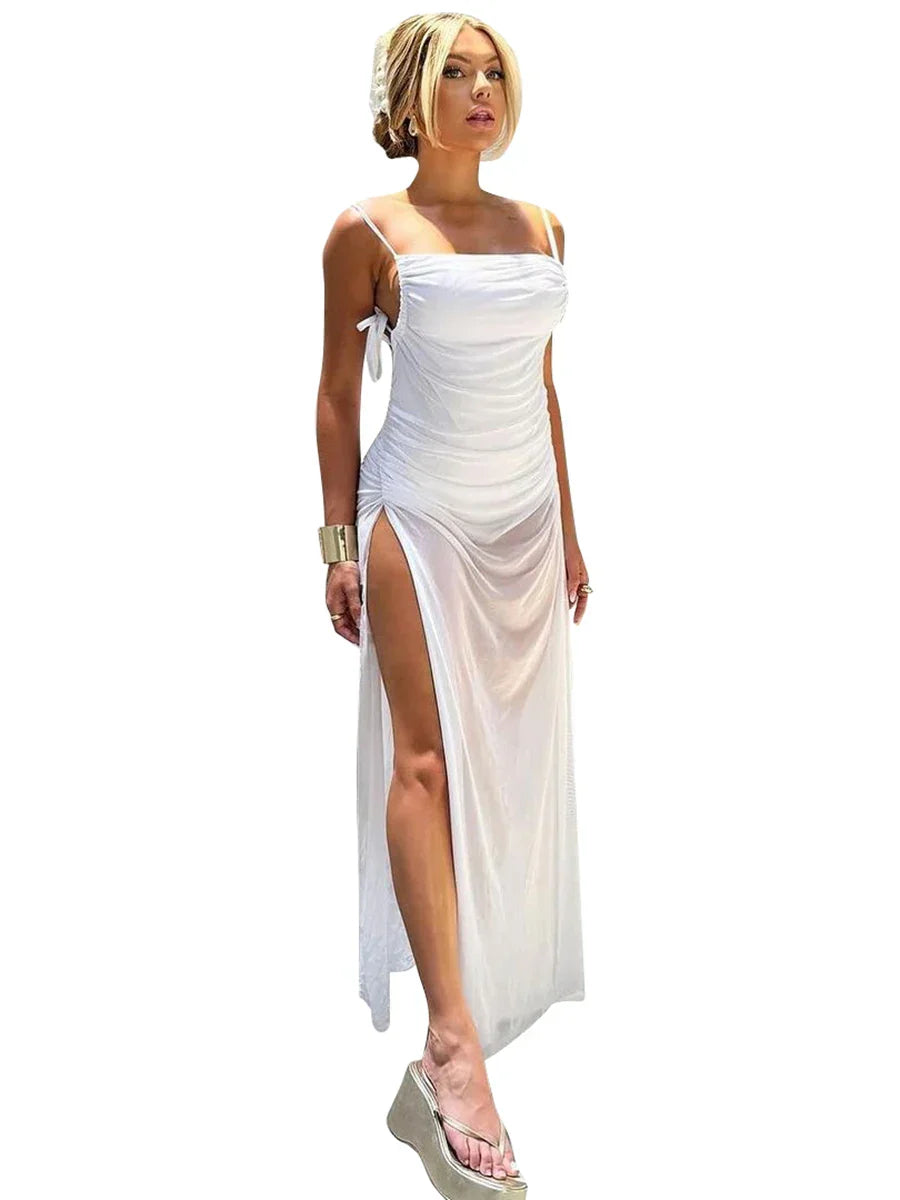 Mesh Spaghetti Straps Bodycon Strapless Backless Bandage Ruched High Slit Slim Club Party Beach Maxi Dress Mssaz Desses