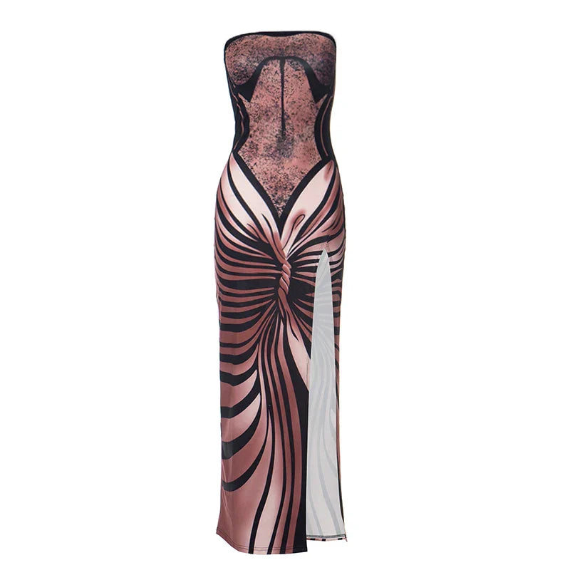 Butterfly Oil Painting Wrap Strapless High Split Prom Casual Gowns Dresses Mssaz Desses