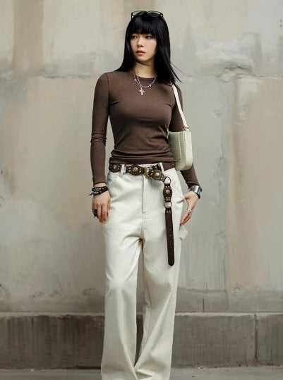 Casual Acrylic Ribbed Long Slight Stretch T-shirt Mssza