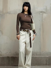 Casual Acrylic Ribbed Long Slight Stretch T-shirt Mssza