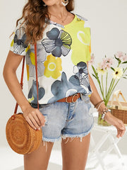 Calico Print Short Sleeve V-neck T-shirt Mssza