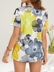 Calico Print Short Sleeve V-neck T-shirt Mssza