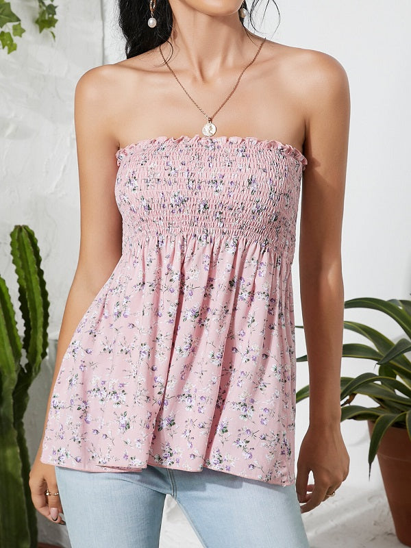 Calico Shirring Backless Design Strapless Tube Tank Top Mssza