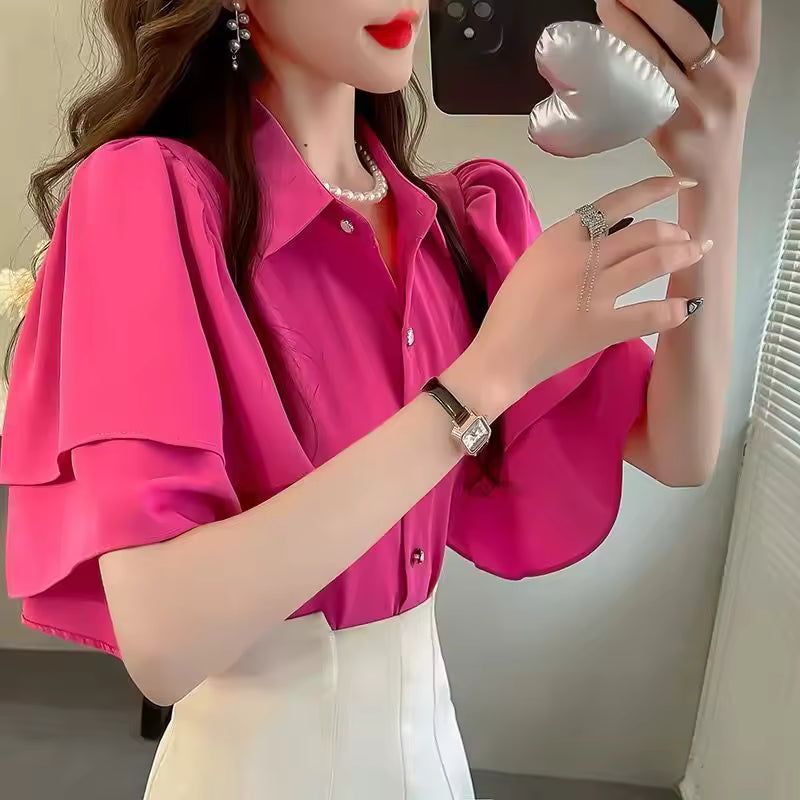 Camouflage Solid Color Ruffle Short Sleeve Chiffon Top Mssza