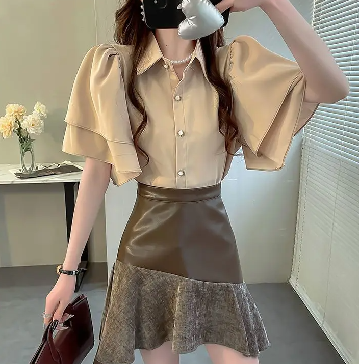 Camouflage Solid Color Ruffle Short Sleeve Chiffon Top Mssza