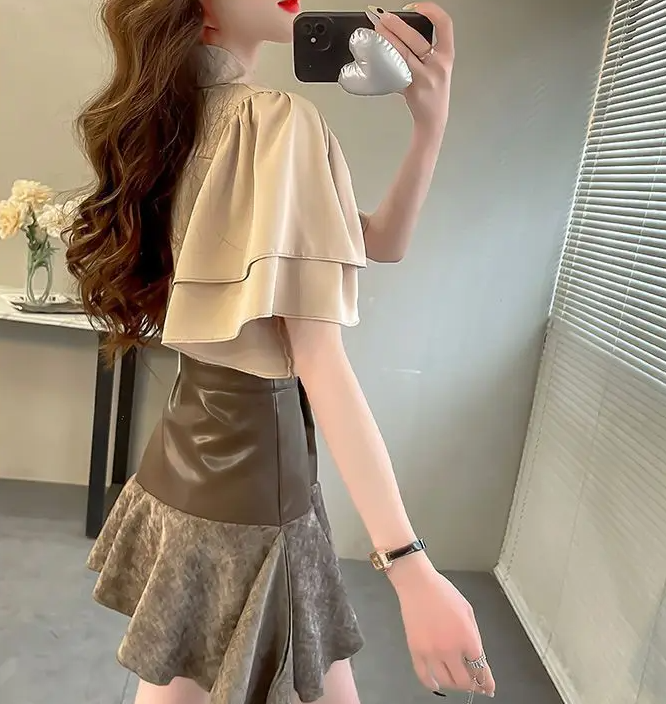 Camouflage Solid Color Ruffle Short Sleeve Chiffon Top Mssza