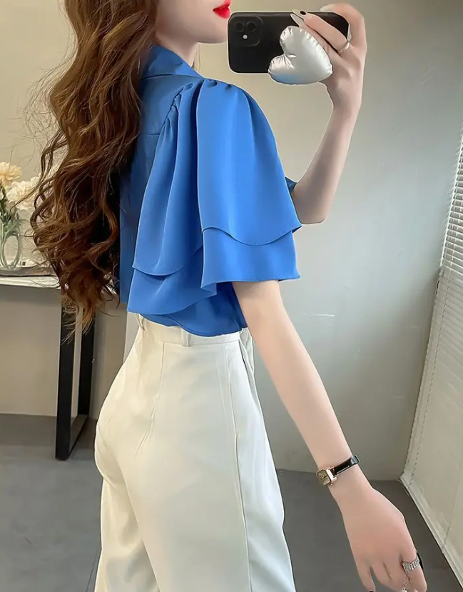 Camouflage Solid Color Ruffle Short Sleeve Chiffon Top Mssza