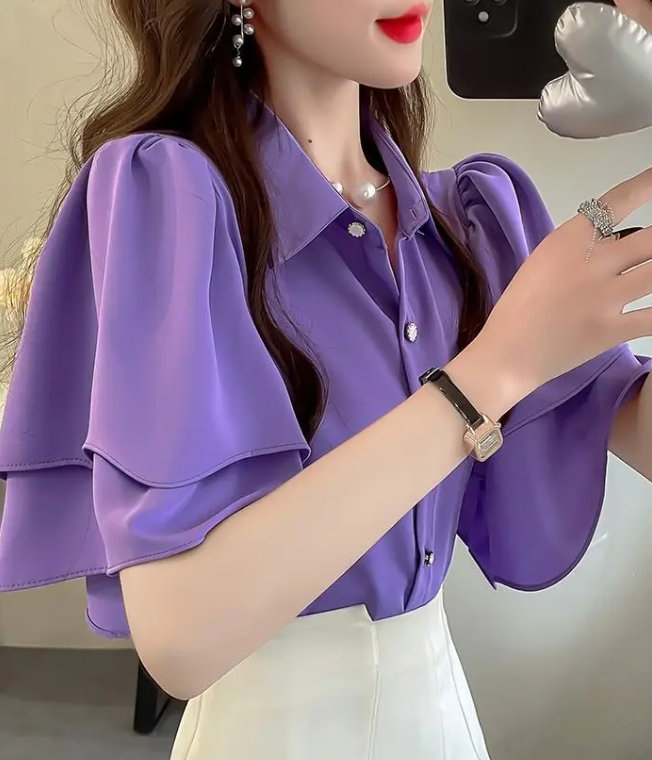 Camouflage Solid Color Ruffle Short Sleeve Chiffon Top Mssza