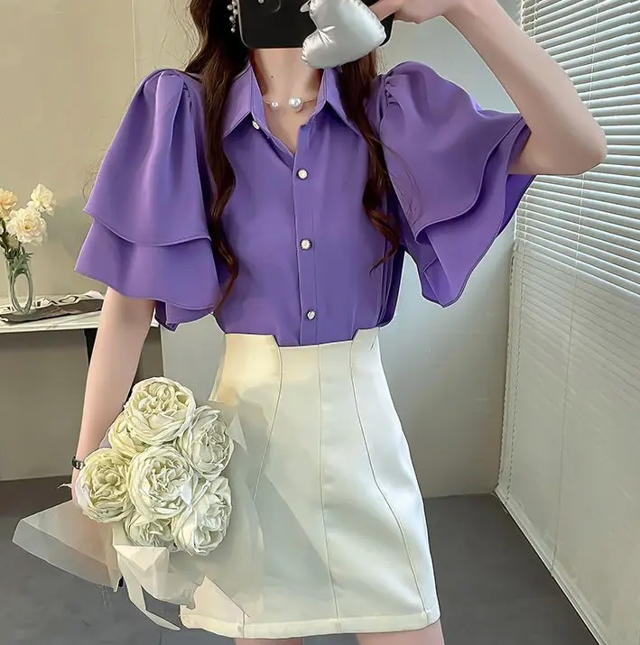 Camouflage Solid Color Ruffle Short Sleeve Chiffon Top Mssza