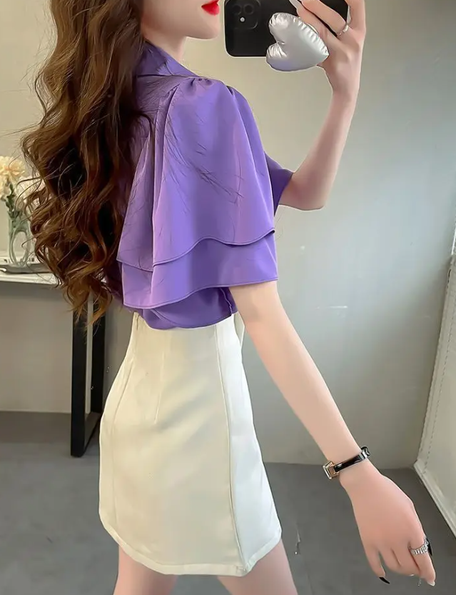 Camouflage Solid Color Ruffle Short Sleeve Chiffon Top Mssza