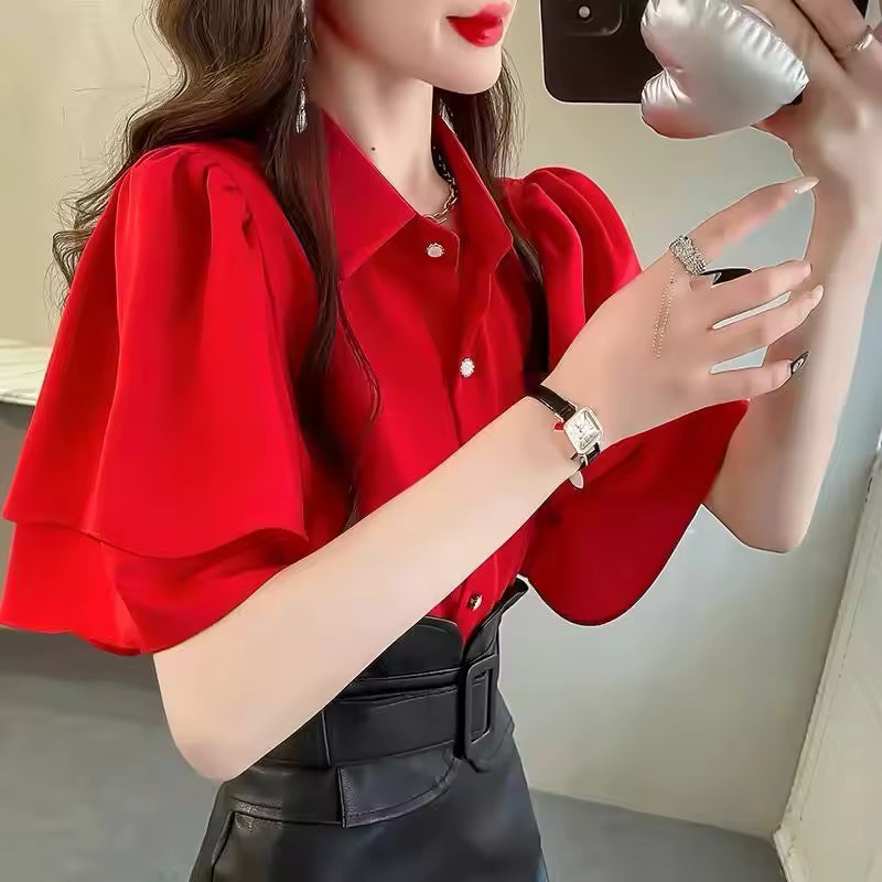 Camouflage Solid Color Ruffle Short Sleeve Chiffon Top Mssza