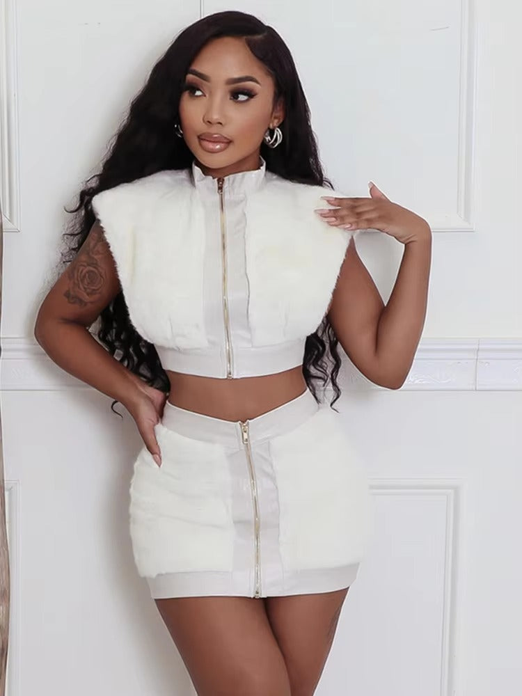 Cardigan Sleeveless Crop Top Mini Skirts Fluff Patchwork 2 Piece Set Mssza