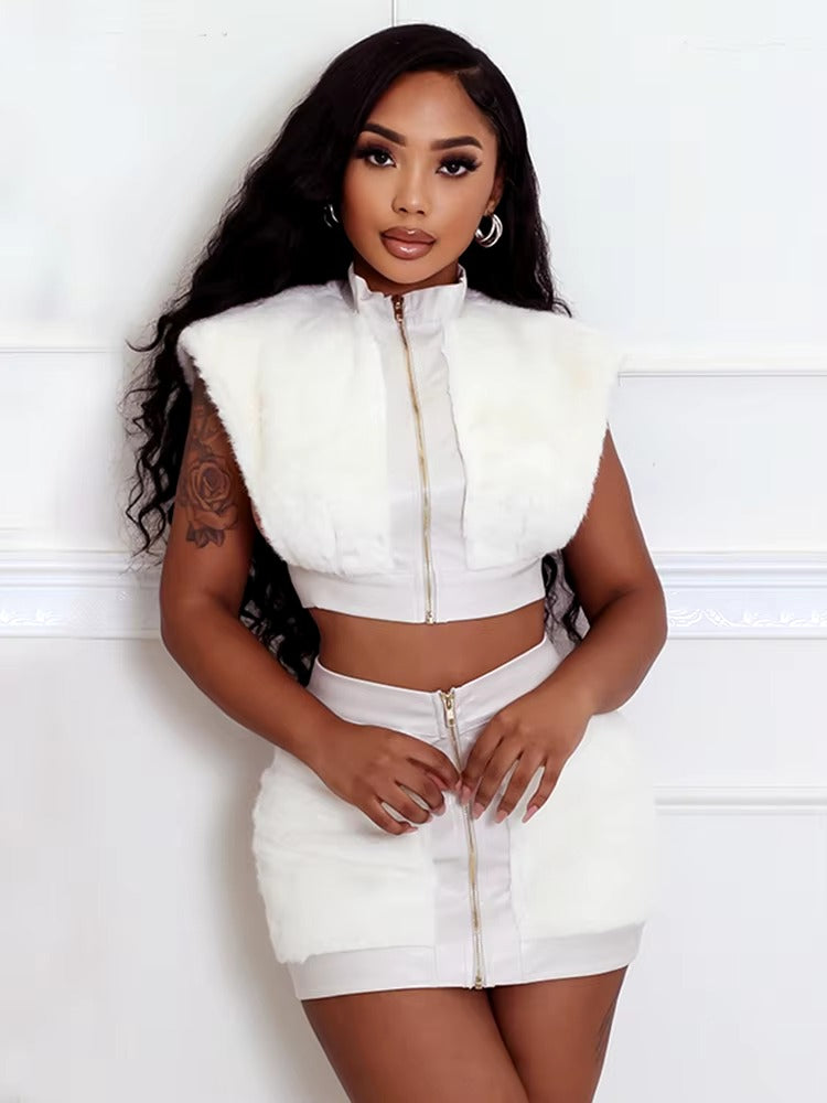 Cardigan Sleeveless Crop Top Mini Skirts Fluff Patchwork 2 Piece Set Mssza