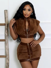 Cardigan Sleeveless Crop Top Mini Skirts Fluff Patchwork 2 Piece Set Mssza