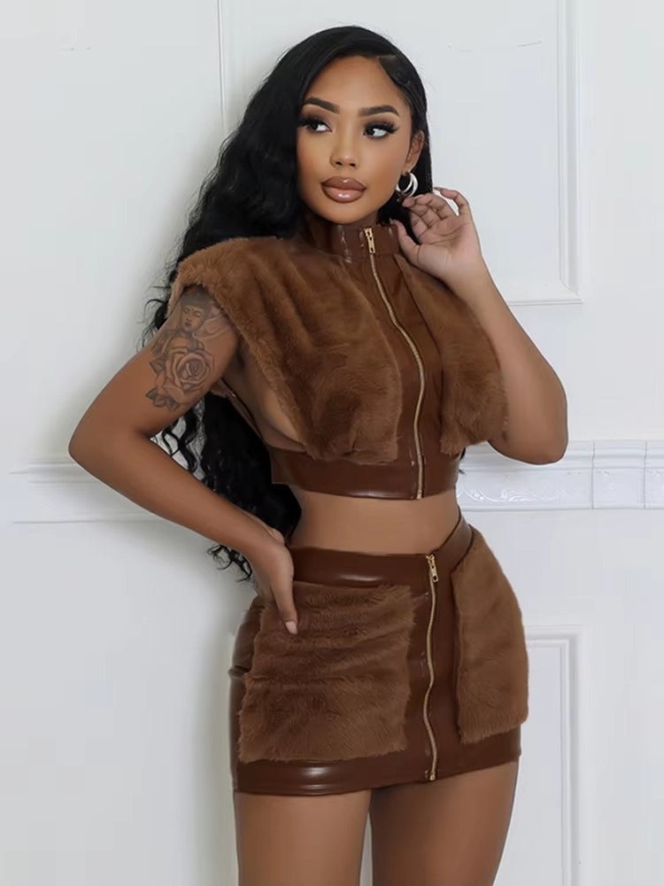 Cardigan Sleeveless Crop Top Mini Skirts Fluff Patchwork 2 Piece Set Mssza