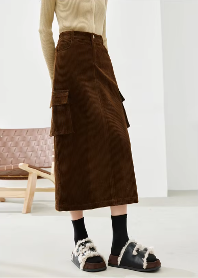 Cargo Style Straight Ealstic Waist Split Vintage And Beautiful Midi Skirts Mssza