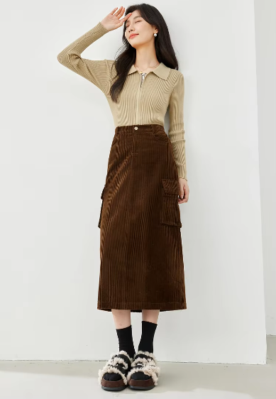 Cargo Style Straight Ealstic Waist Split Vintage And Beautiful Midi Skirts Mssza
