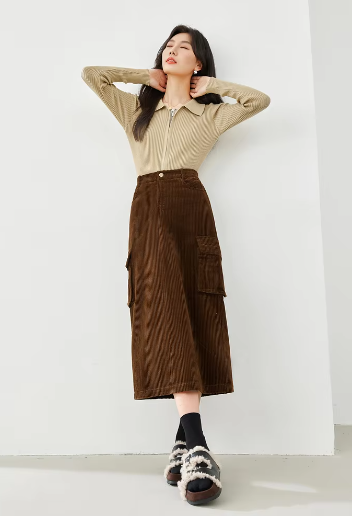 Cargo Style Straight Ealstic Waist Split Vintage And Beautiful Midi Skirts Mssza