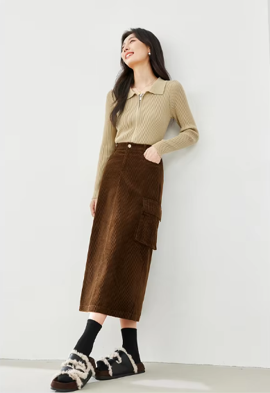 Cargo Style Straight Ealstic Waist Split Vintage And Beautiful Midi Skirts Mssza