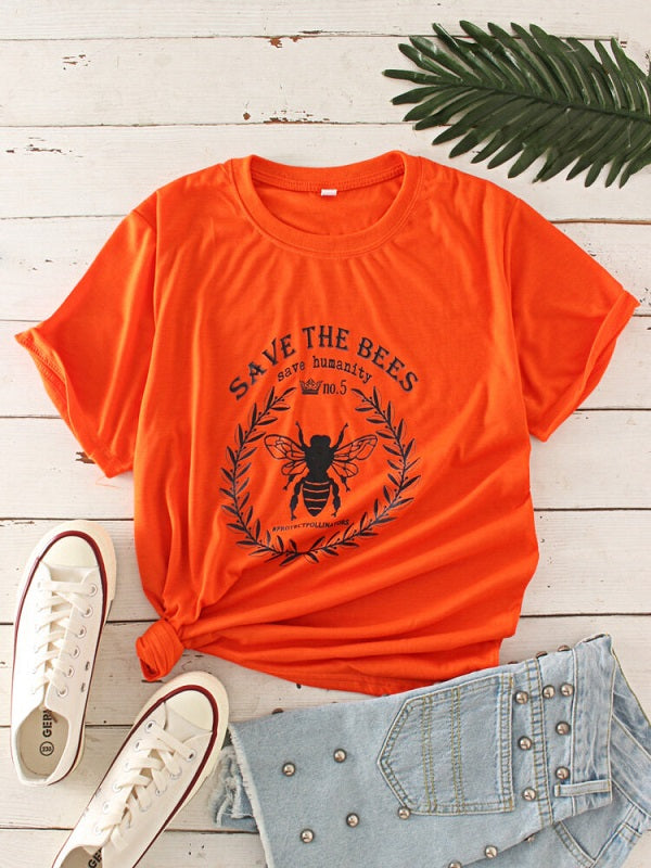 Cartoon Bee Slogan Print O-neck Short Sleeve Casual T-Shirt Mssza