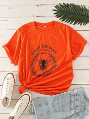 Cartoon Bee Slogan Print O-neck Short Sleeve Casual T-Shirt Mssza