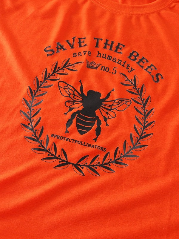 Cartoon Bee Slogan Print O-neck Short Sleeve Casual T-Shirt Mssza