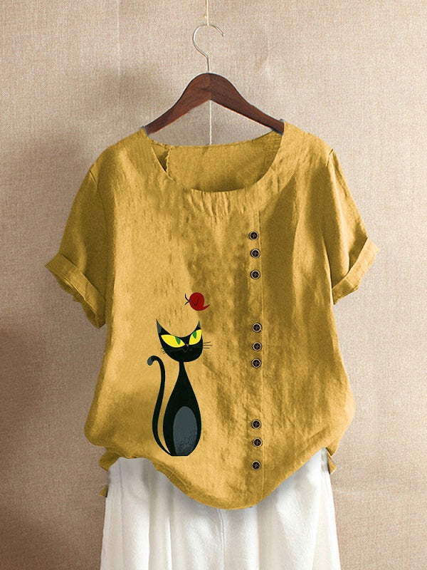 Cartoon Cat Print O-neck Short Sleeve Button Casual T-shirts Mssza