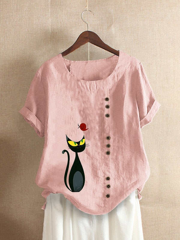 Cartoon Cat Print O-neck Short Sleeve Button Casual T-shirts Mssza