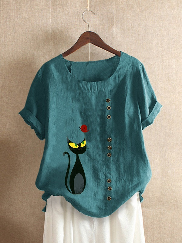 Cartoon Cat Print O-neck Short Sleeve Button Casual T-shirts Mssza