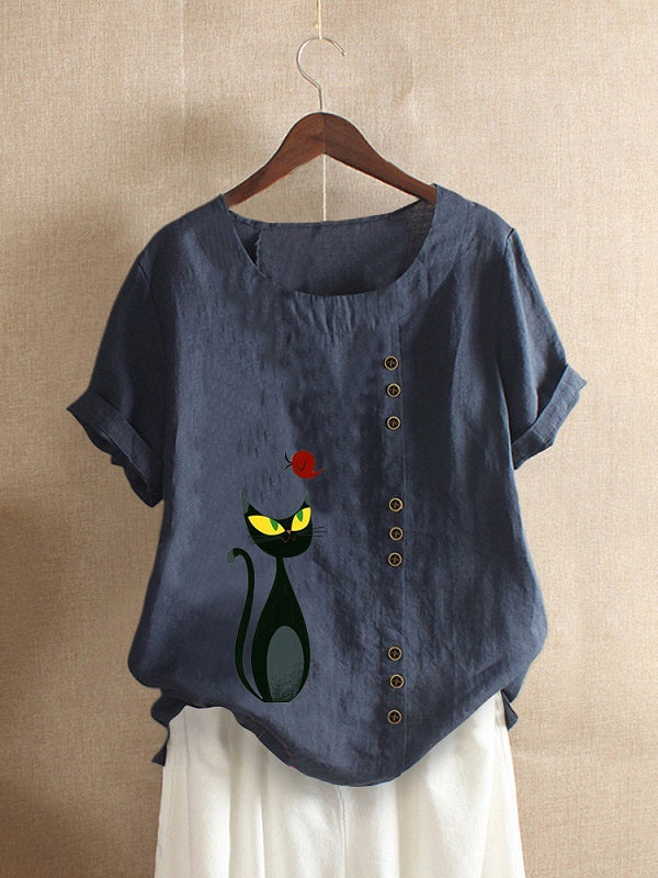 Cartoon Cat Print O-neck Short Sleeve Button Casual T-shirts Mssza