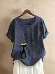 Cartoon Cat Print O-neck Short Sleeve Button Casual T-shirts Mssza