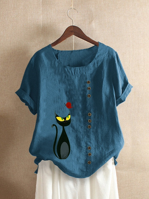 Cartoon Cat Print O-neck Short Sleeve Button Casual T-shirts Mssza