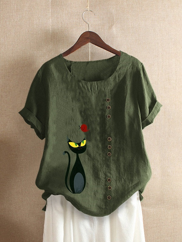 Cartoon Cat Print O-neck Short Sleeve Button Casual T-shirts Mssza