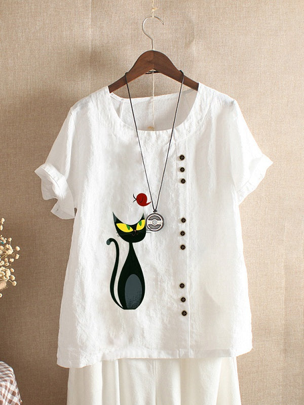 Cartoon Cat Print O-neck Short Sleeve Button Casual T-shirts Mssza