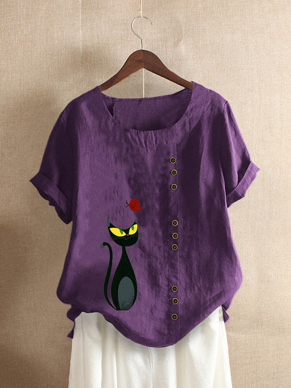 Cartoon Cat Print O-neck Short Sleeve Button Casual T-shirts Mssza