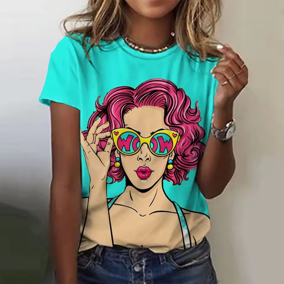 Cartoon Characters Print Short Sleeved Tees O Neck Funny Top Mssza