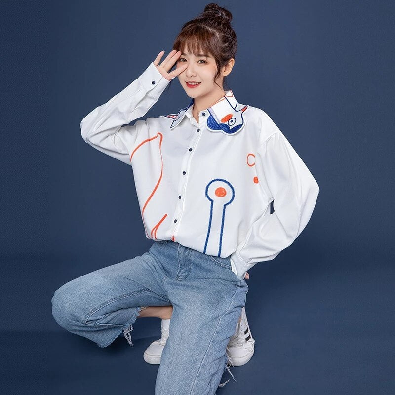 Cartoon Cute Lapel Loose Button Graffiti Printed Shirt Mssza